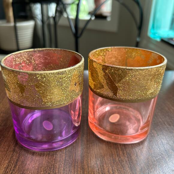 Set of 4 Colored Glass Boho Votive Holders  w/ Gold Foil Band elements - Picture 2 of 11